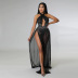 hot drill wrap chest cross high waist slit solid color see-through dress with panties NSYMS134807