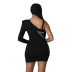 long-sleeved single-shoulder sling tight stitching hot drill solid color see-through dress NSYMS134812