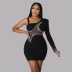 long-sleeved single-shoulder sling tight stitching hot drill solid color see-through dress NSYMS134812
