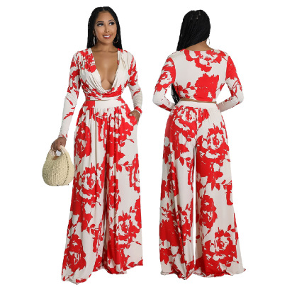 Printed Long-sleeved Deep V Wide-leg High Waist Top And Pant Suit NSYMS134814