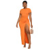 short-sleeved slit round neck tight drawstring solid color dress NSYMS134821