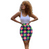 print sleeveless high waist u neck slim one-piece top and skirt set NSYMS134823