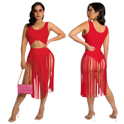 Sling Tight High Waist Tassel Solid Color Vest And Culottes Two-piece Set NSYMS134824