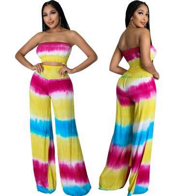 Printing Tube Top Backless High Waist Wide-leg Vest And Pant Two-piece Set NSYMS134829