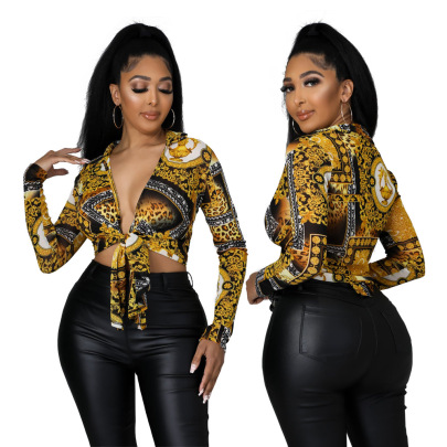 Pu Leather Print Lapel Long Sleeve Deep V Lace-up High Waist Slim Top And Pant Set NSYMS134830