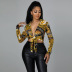 pu leather print lapel long sleeve deep v lace-up high waist slim top and pant set NSYMS134830