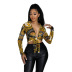 pu leather print lapel long sleeve deep v lace-up high waist slim top and pant set NSYMS134830