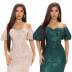 one-word shoulder puff sleeve backless tight sequin solid color dress NSYMS134833