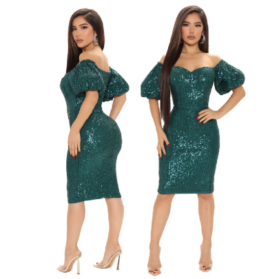 One-word Shoulder Puff Sleeve Backless Tight Sequin Solid Color Dress NSYMS134833