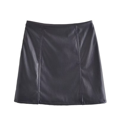Pocket Stitching Slim High Waist Solid Color Imitation Leather Skirt NSAM134886