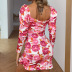 puff-long sleeved square neck tight flower print dress NSDWT134918