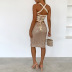 sequins cross sling backless lace-up slim solid color dress NSDWT134947