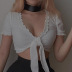 V-neck puff sleeves fungus edge lace-up slim short solid color top NSBLS134958