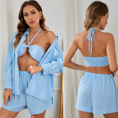 Hanging Neck Wrap Chest Vest Long Sleeve High Waist Loose Solid Color Top And Shorts Three-piece Suit NSJKW134963