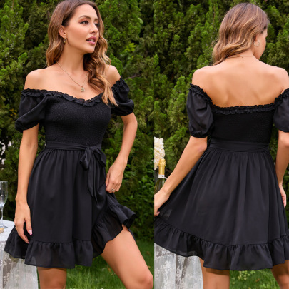 One-word Collar Puff Sleeve Lace-up Solid Color Chiffon Dress NSJKW134971