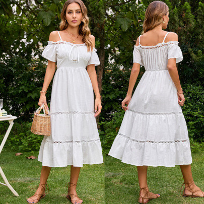 Short Sleeve Off-the-shoulder Stitching Sling Large Swing Lace-up Solid Color Dress NSJKW134973