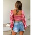 long-sleeved wrap chest backless lace-up short solid color satin top NSDWT134941