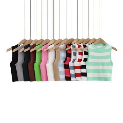 Round Neck Slim Short Solid Color/striped Knitted Vest-Multicolor NSAM134872