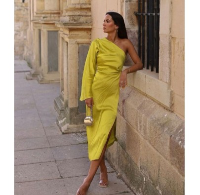 Asymmetric Single-shoulder Long Sleeve High Waist Slit Solid Color Silk Satin Dress NSAM134877