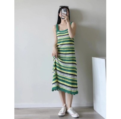 Sling Low-cut Loose Color Matching Knitted Dress NSAM134869