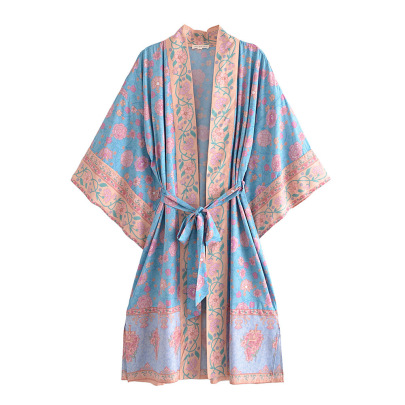 Loose Long Sleeve Lace-up Slit Flower Print Kimono Dress NSAM134871