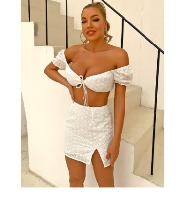 Puff Sleeve Wrap Chest Lace-up Off-shoulder High Waist Slim Solid Color Top And Skirt Set NSDWT134942