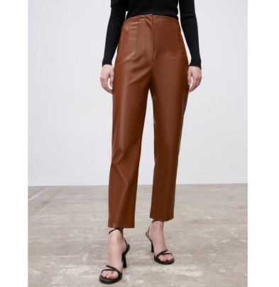 Imitation Leather Pleated Solid Color High Waist Trouser NSAM134904