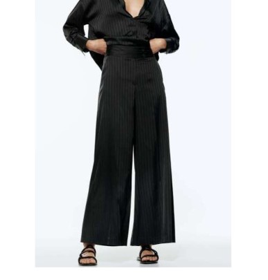 High Waist Wide-leg Solid Color Silk Satin Trousers NSAM134889