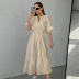solid color puff sleeve high waist A-line dress NSSQS134983