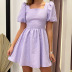 solid color short puff sleeve square neck jacquard dress NSSQS134986
