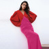 color-blocking puff sleeves high waist satin fishtail dress NSSQS134990