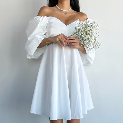 Solid Color Off-the-shoulder High Waist Puff Sleeve Dress NSSQS134996