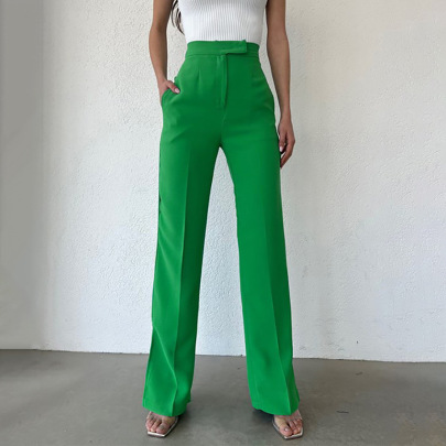 Solid Color High Waist Lengthened Slit Straight Trousers NSSQS135008