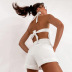 solid color halter neck backless strappy shorts jumpsuit NSSQS135011