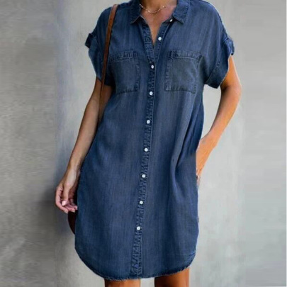 Short Sleeve Solid Color Mid-length Denim Shirt  NSWL135043