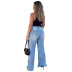 high waist hole metal ring stitching jeans NSWL135058