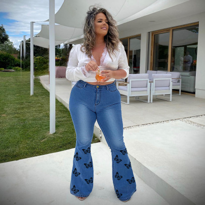 Plus Size High Waist Butterfly Print Flared Jeans NSWL135062