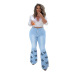 plus size high waist butterfly print flared jeans NSWL135062