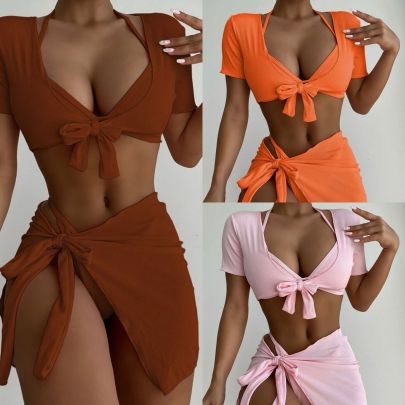 Solid Color Pit Strip Short Sleeve Short Four Piece Swimwear Set NSCSY135088