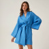 solid color loose cotton with belt high waist long sleeve wrap dress NSSQS135118