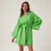 solid color loose cotton with belt high waist long sleeve wrap dress NSSQS135118