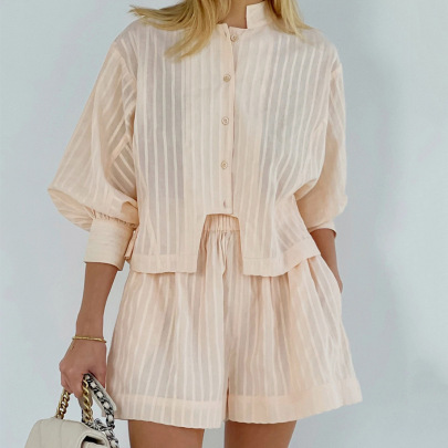 Striped Long-sleeved Lapel Singl-breasted Top And Shorts Set NSSQS135121