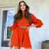 solid color cotton long lantern sleeves pleated top and shorts set NSSQS135124