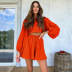 solid color cotton long lantern sleeves pleated top and shorts set NSSQS135124
