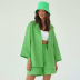 solid color cotton loose long sleeve lapel cardigan and shorts lounge set NSSQS135127