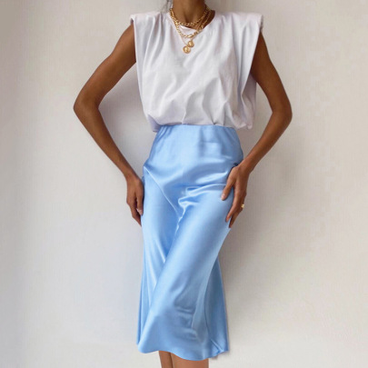 Solid Color High Waist Satin Slim Drape Sheath Skirt NSSQS135128