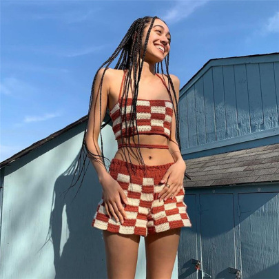 Sling Backless Cross Strappy Slim High Waist Plaid Vest And Shorts Suit NSCOK134300