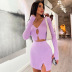 long sleeve high waist slim low-cut slit solid color knitted top and skirt two-piece suit NSAG134309