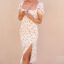 square neck short sleeve lace-up slim slit floral dress NSAG134325