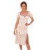 square neck short sleeve lace-up slim slit floral dress NSAG134325